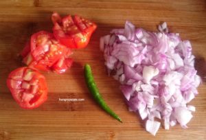 Chopped onions,tomatoes&slit green chilly for Kidney Bean Masala